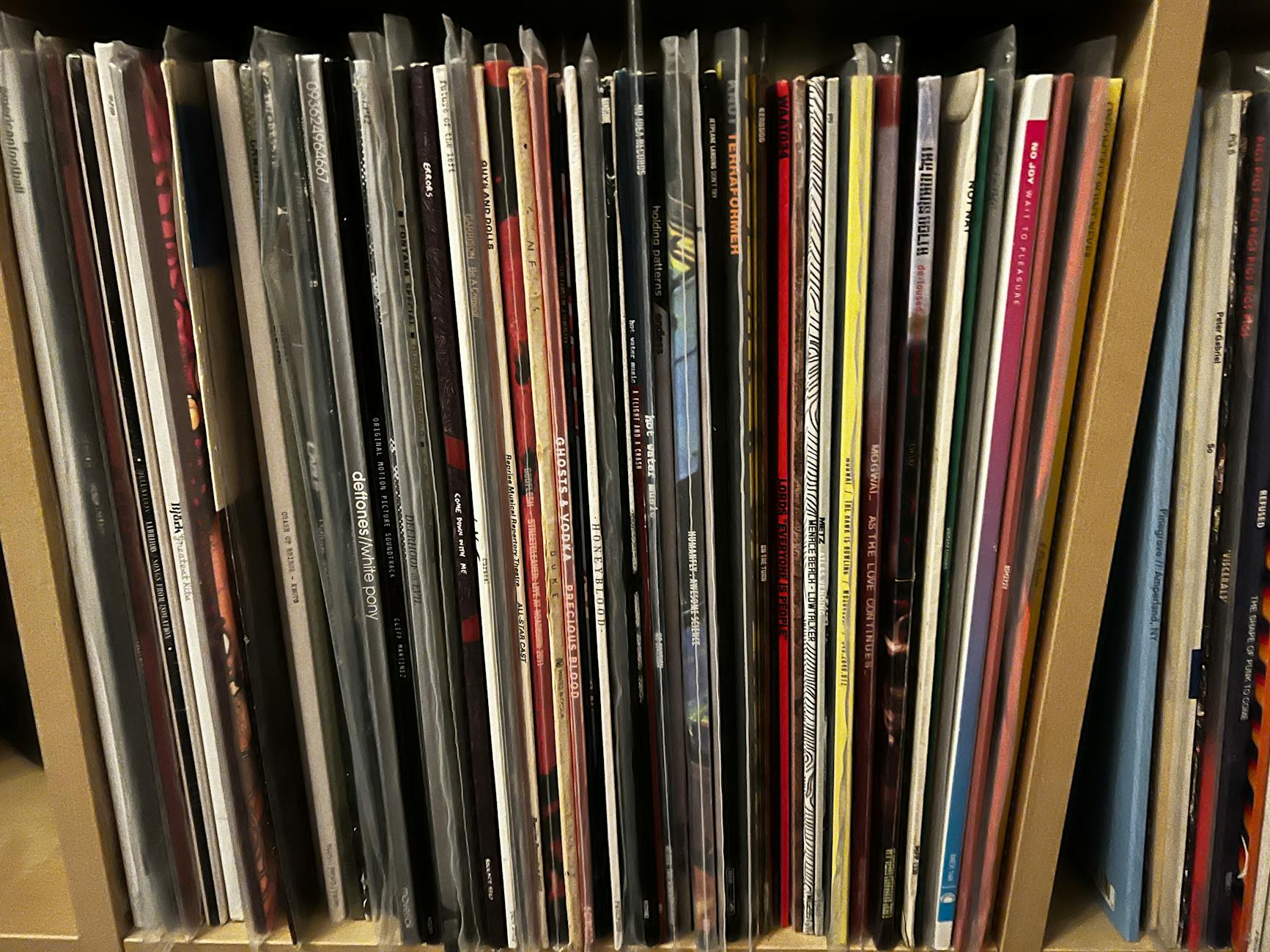 close up of vinyl record on the shelf