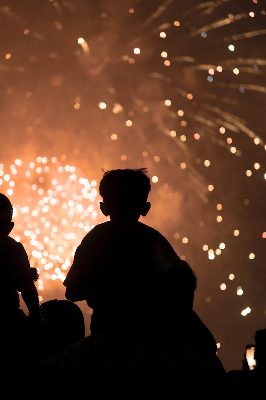 silhouette of kids watching firework display
