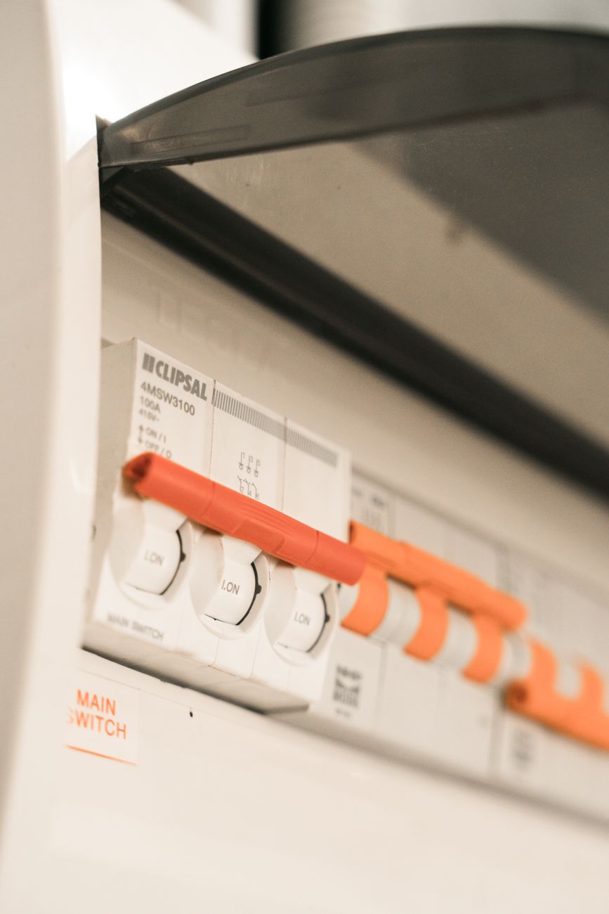 close up of electrical circuit breakers panel